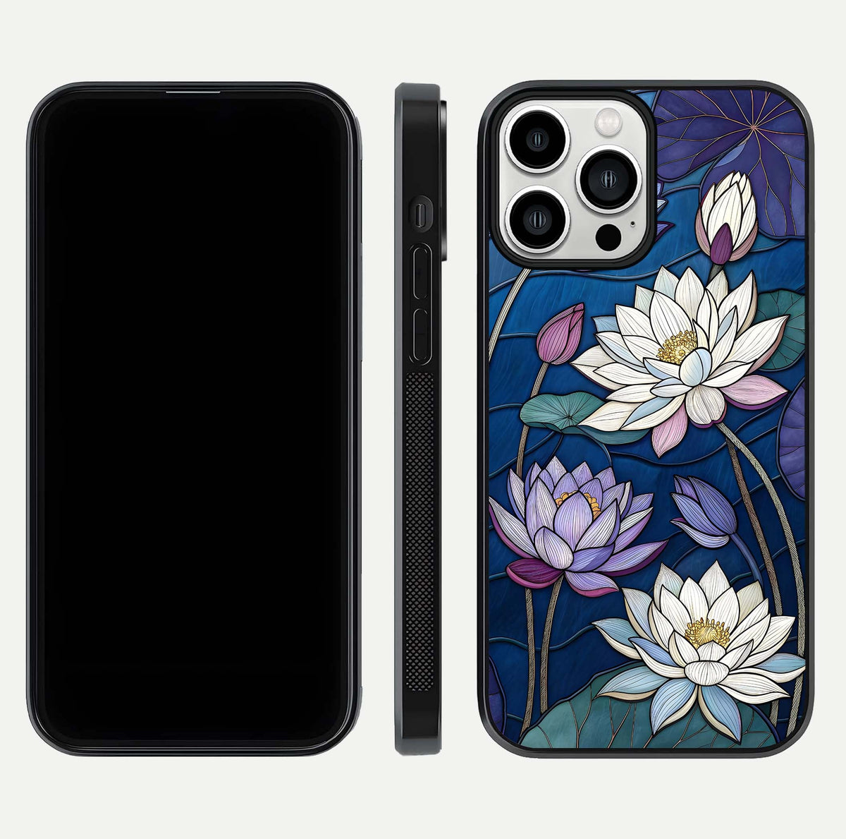 Purple Lotus Stained Glass Case for iPhone 13 Pro Max front & back layout showing bright tones and smooth edge finish