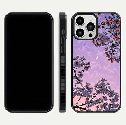 Purple Serenity Moon Glass Case for iPhone 13 Pro Max front & back layout highlighting celestial tones and curves