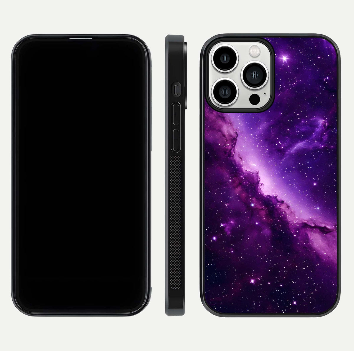 Purple Shade Sky Glass Case for iPhone 13 Pro Max front & back layout showing HD tones and clean glass edges