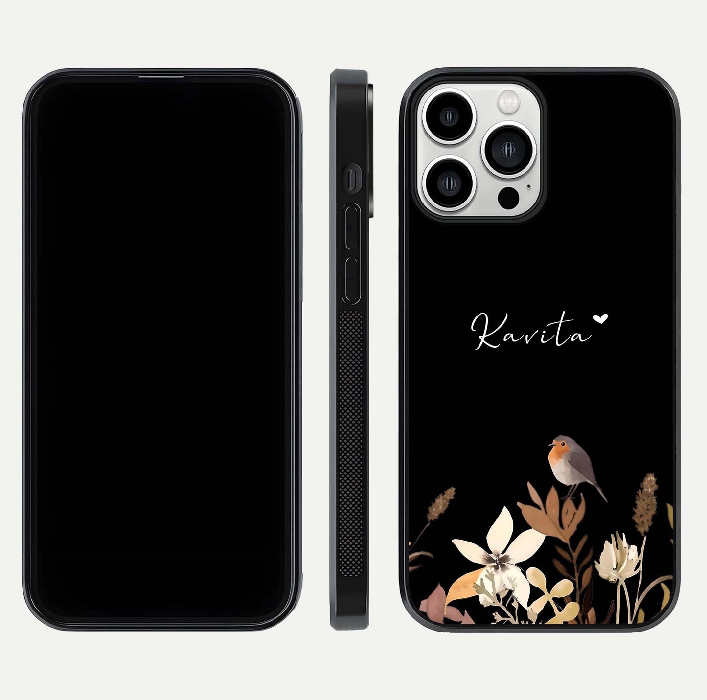 Quiet Garden Tune Custom Name Glass Case for iPhone 13 Pro Max front & back layout highlighting name area and edges