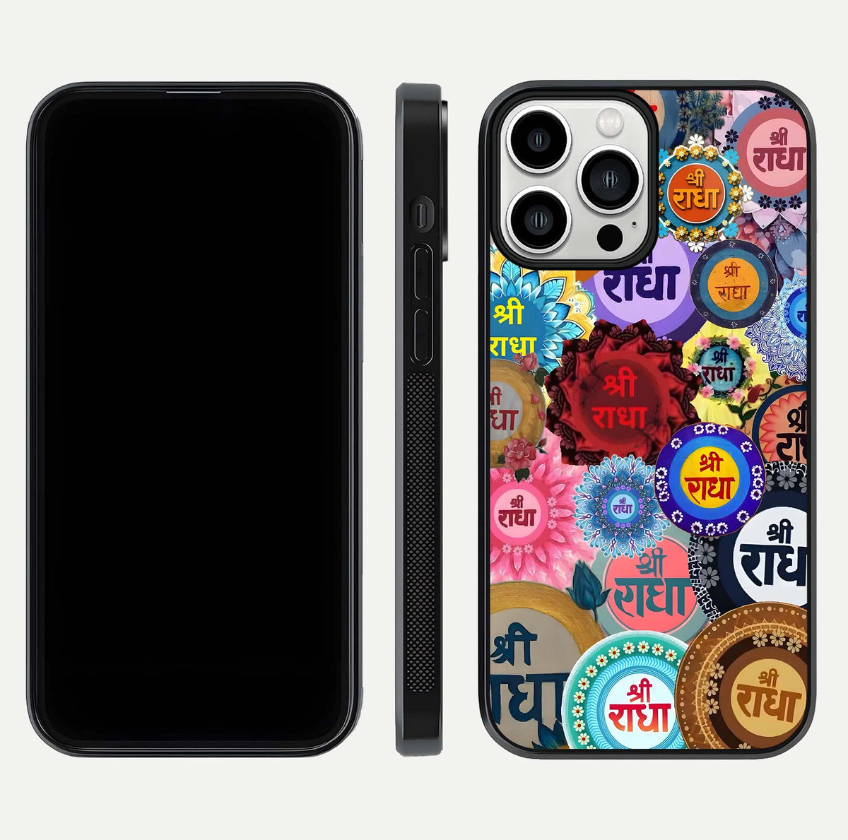 Radha Divine Bloom Glass Case for iPhone 13 Pro Max front & back layout showing spiritual tones and elegant edges