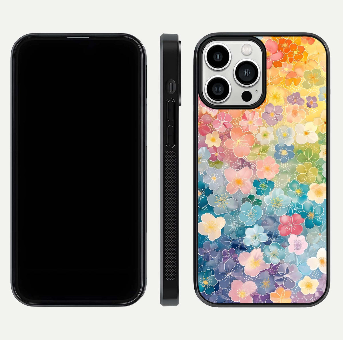 Rainbow Blossom Burst Glass Case for iPhone 13 Pro Max front & back layout showing bright tones and edge finish