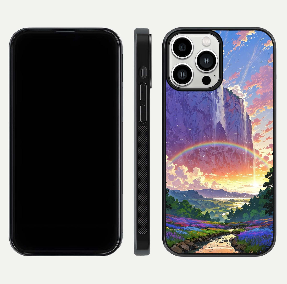 Rainbow Valley Dream Glass Case for iPhone 13 Pro Max front & back layout showing smooth color blend and curved edge