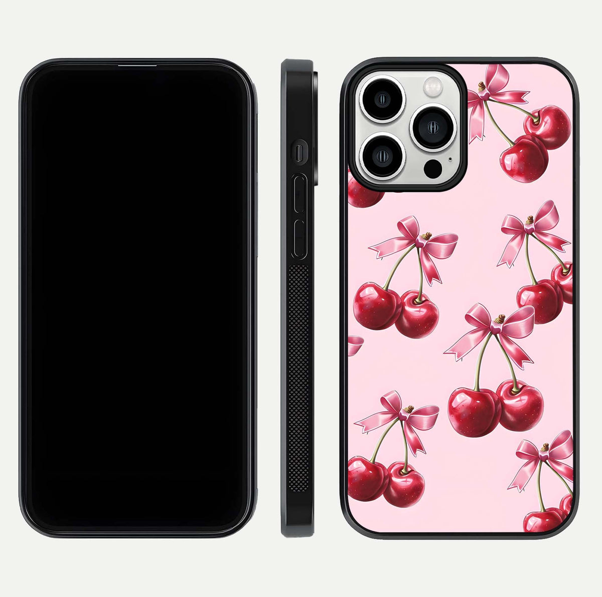 Red Cherries Pattern Glass Case for iPhone 13 Pro Max front & back layout highlighting vibrant fruit print and edges