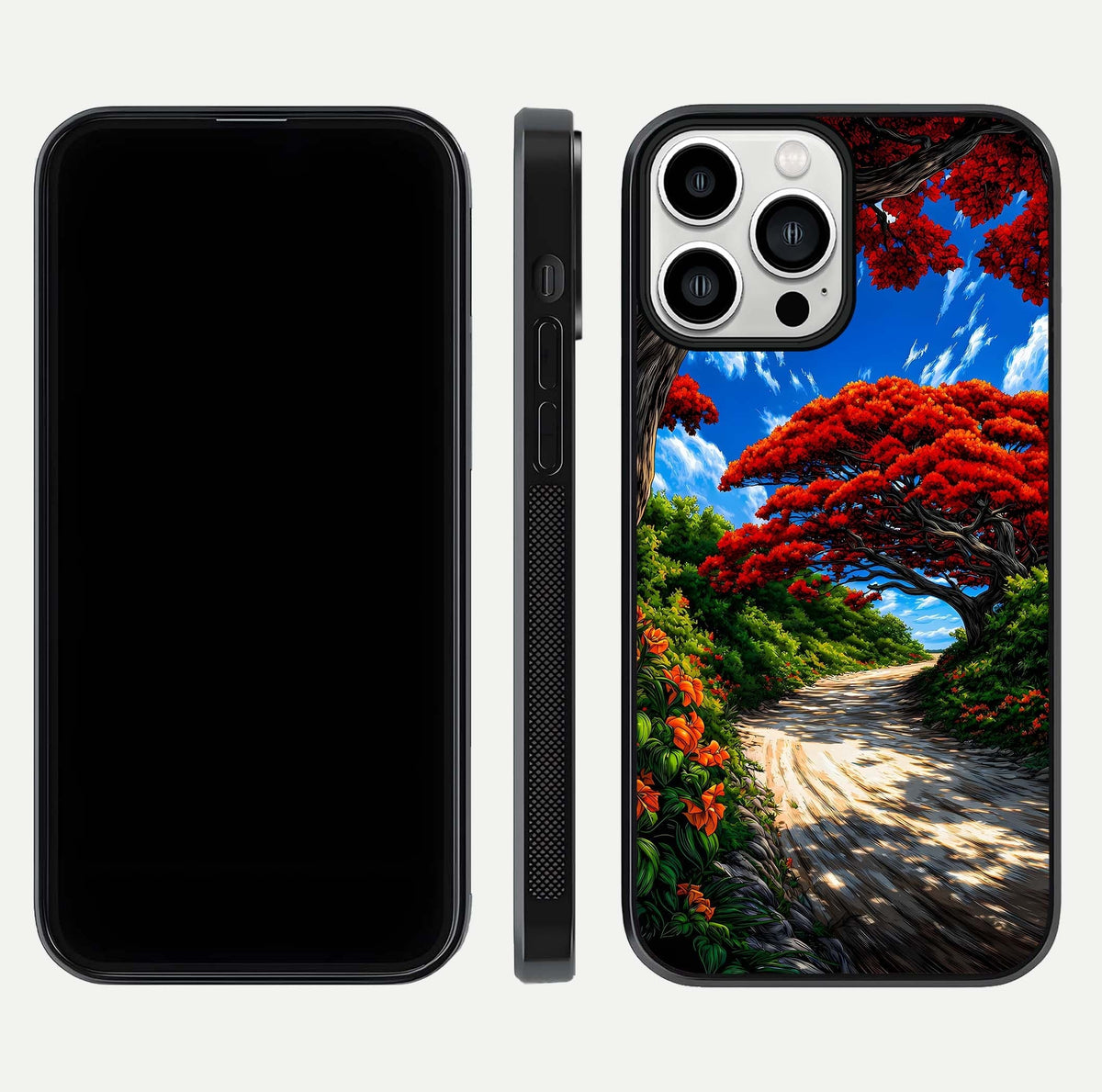 Red Trees Pathway Glass Case for iPhone 13 Pro Max front & back layout showing scenic tone blend and edges