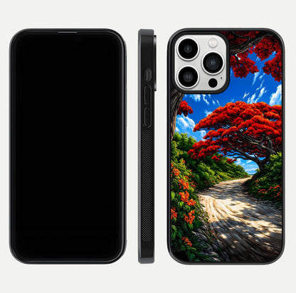 Red Trees Pathway Glass Case for iPhone 13 Pro Max front & back layout showing scenic tone blend and edges