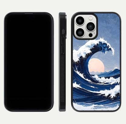 Rising Tide Power Glass Case for iPhone 13 Pro Max front & back layout showing ocean design and smooth glass edge