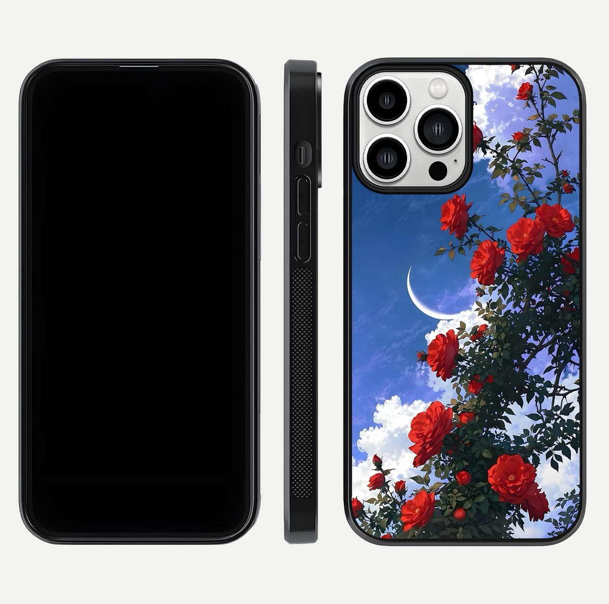 Rose Drift Flowers Glass Case for iPhone 13 Pro Max front & back layout showing rose gradient tones and edges