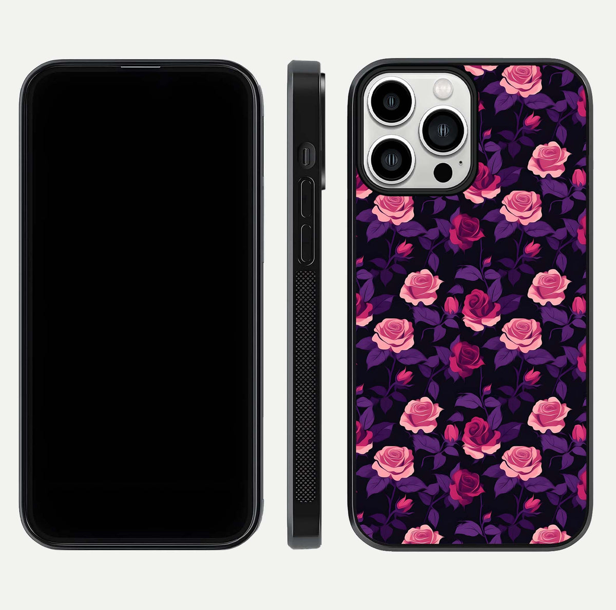 Rose Garden Twilight Glass Case for iPhone 13 Pro Max front & back layout showing rich twilight tones and edges