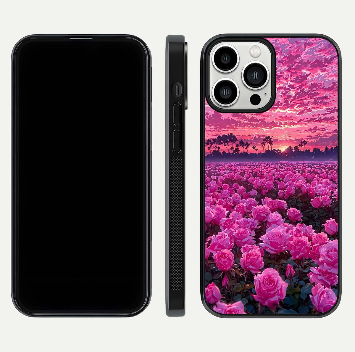 Rose Sunset Valley Glass Case for iPhone 13 Pro Max front & back layout highlighting gradient tones and glass shine