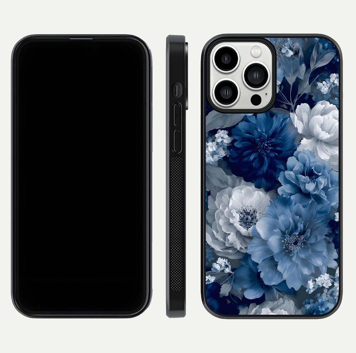 Royal Bloom Garden Glass Case for iPhone 13 Pro Max front & back layout showing soft tones and curved glass design