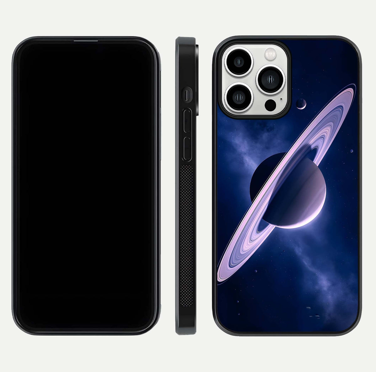 Saturn Ring Mystique Glass Case for iPhone 13 Pro Max front & back layout showing cosmic tones and edge glow