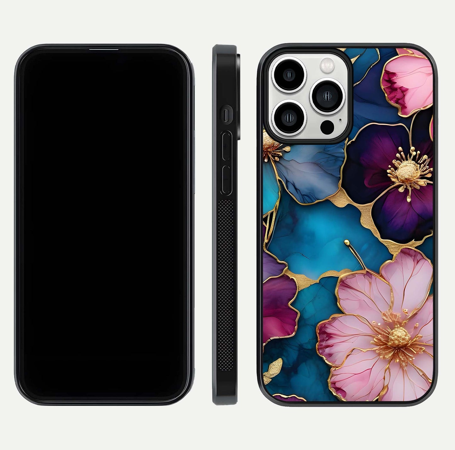Sparkle Floral Glass Case for iPhone 13 Pro Max front & back layout showing floral print and edge clarity
