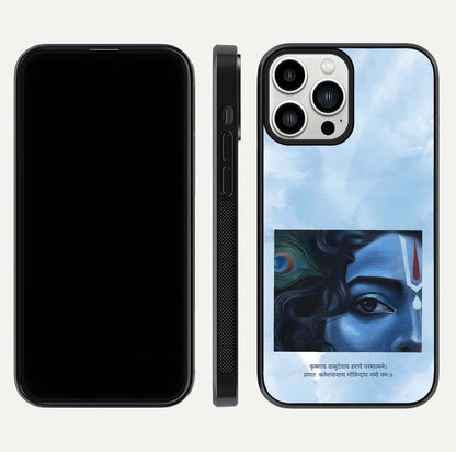 Spiritual Krishna Glass Case for iPhone 13 Pro Max front & back layout showing spiritual artwork and clean edge