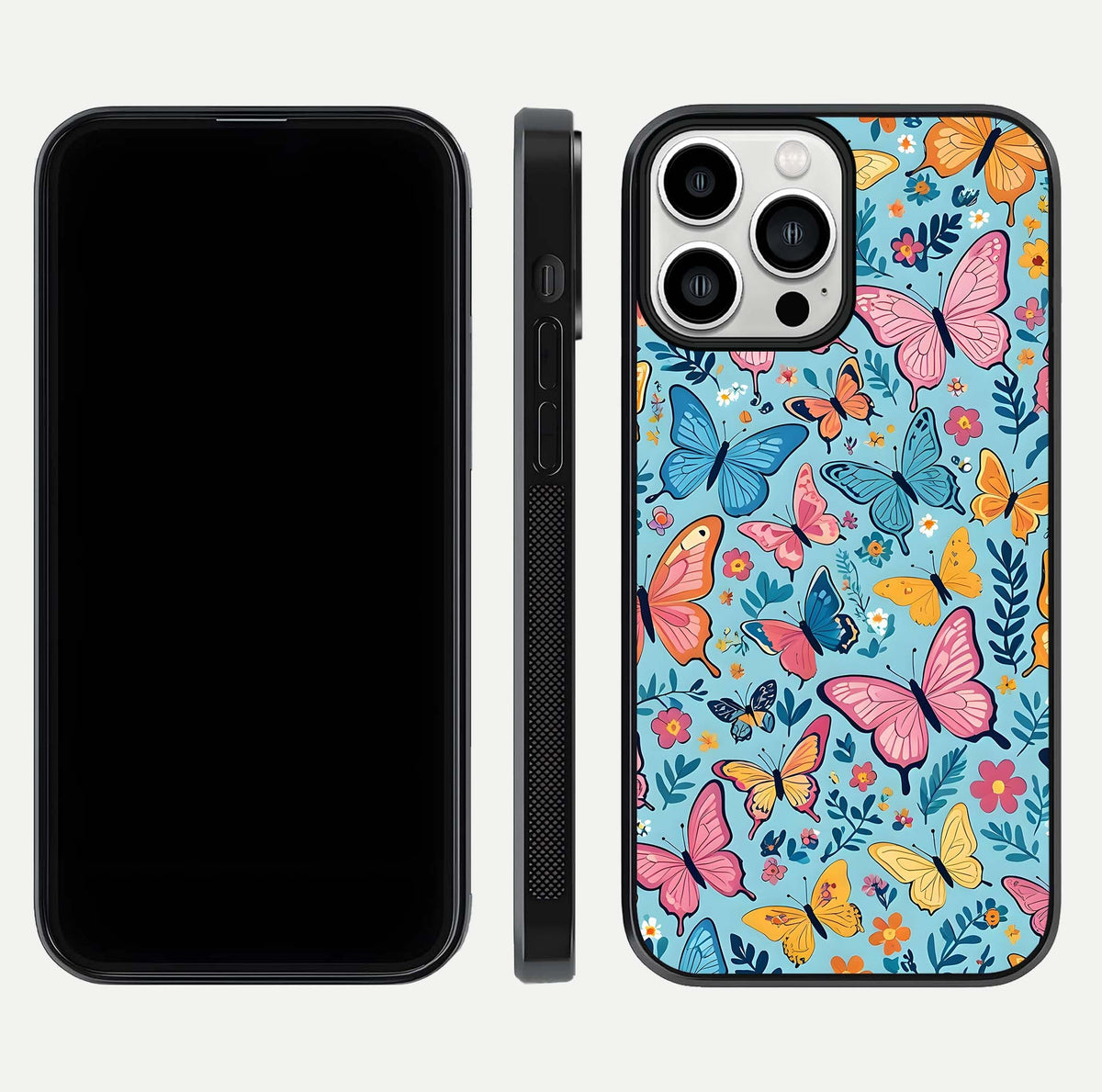Spring Wing Garden Glass Case for iPhone 13 Pro Max front & back layout showing soft tones and elegant glass design