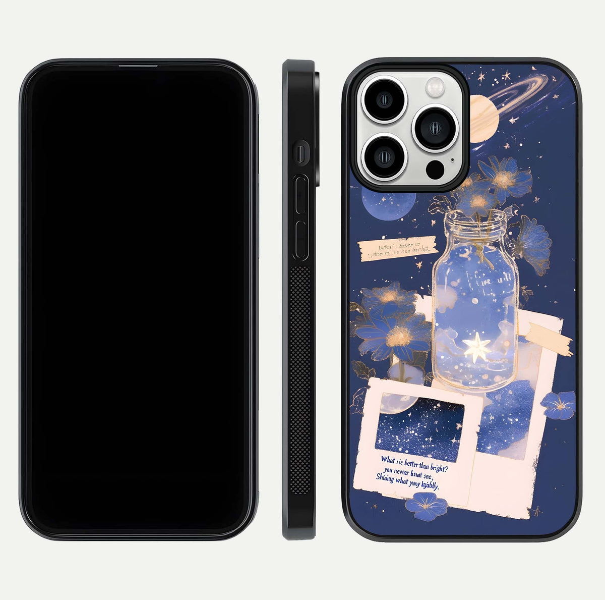 Starlit Cosmic Jar Glass Case for iPhone 13 Pro Max front & back layout showing cosmic pattern and curved glass edge