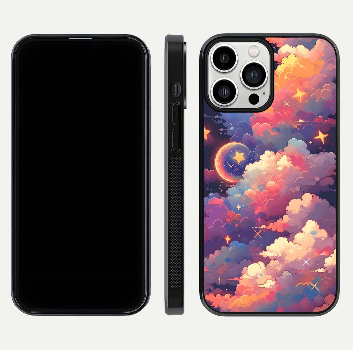 Starlit Dream Clouds Glass Case for iPhone 13 Pro Max front & back layout showing gradient tones and smooth edge