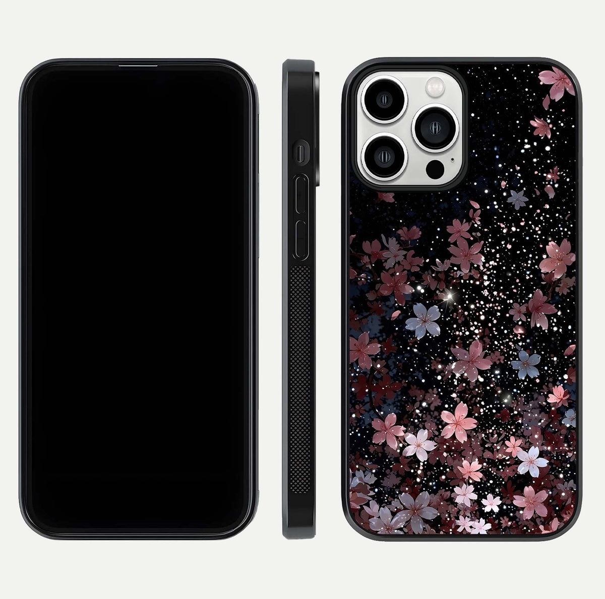 Starlit Flower Dreams Glass Case for iPhone 13 Pro Max front & back layout showing soft bloom design and curved edge