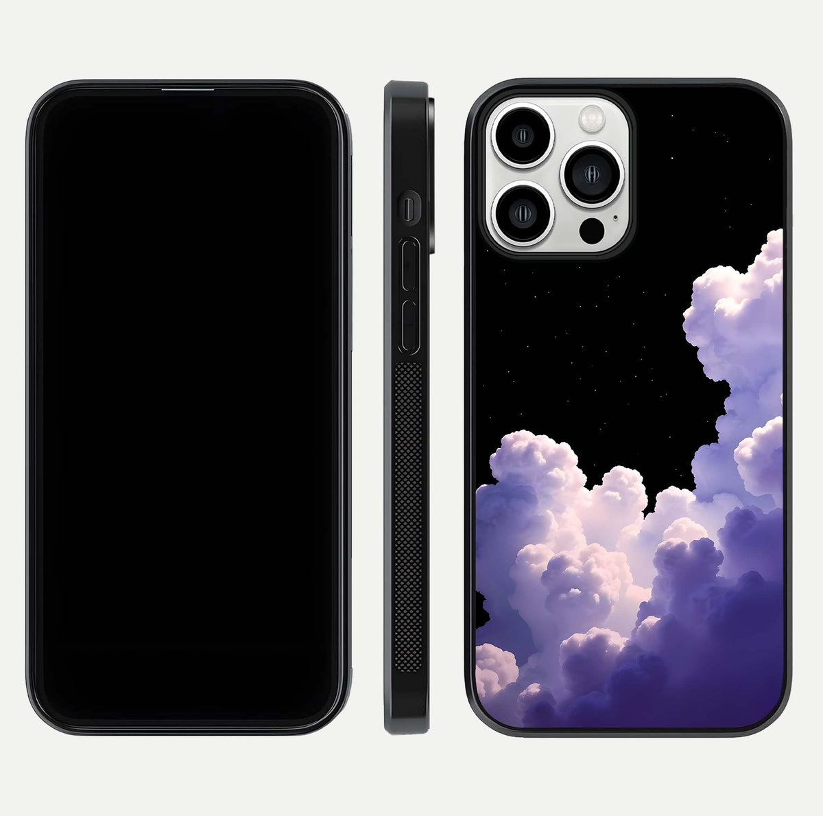 Starlit Night Whispers Glass Case for iPhone 13 Pro Max front & back layout showing moon tones and curved edges