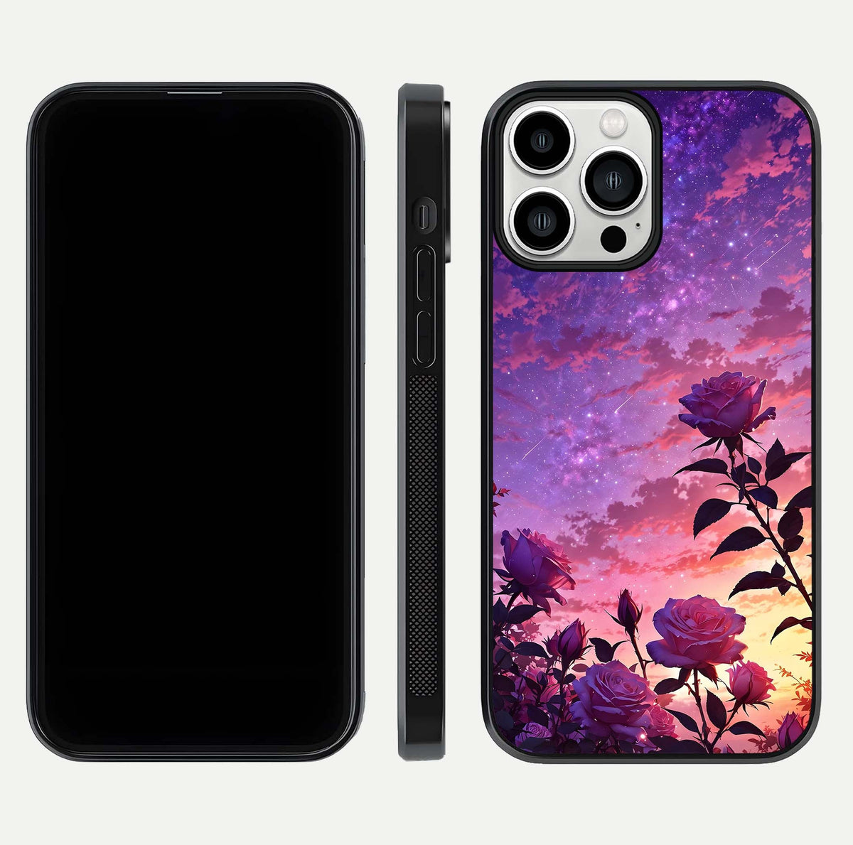 Starlit Rose Twilight Glass Case for iPhone 13 Pro Max front & back layout showing floral blend and glossy edge