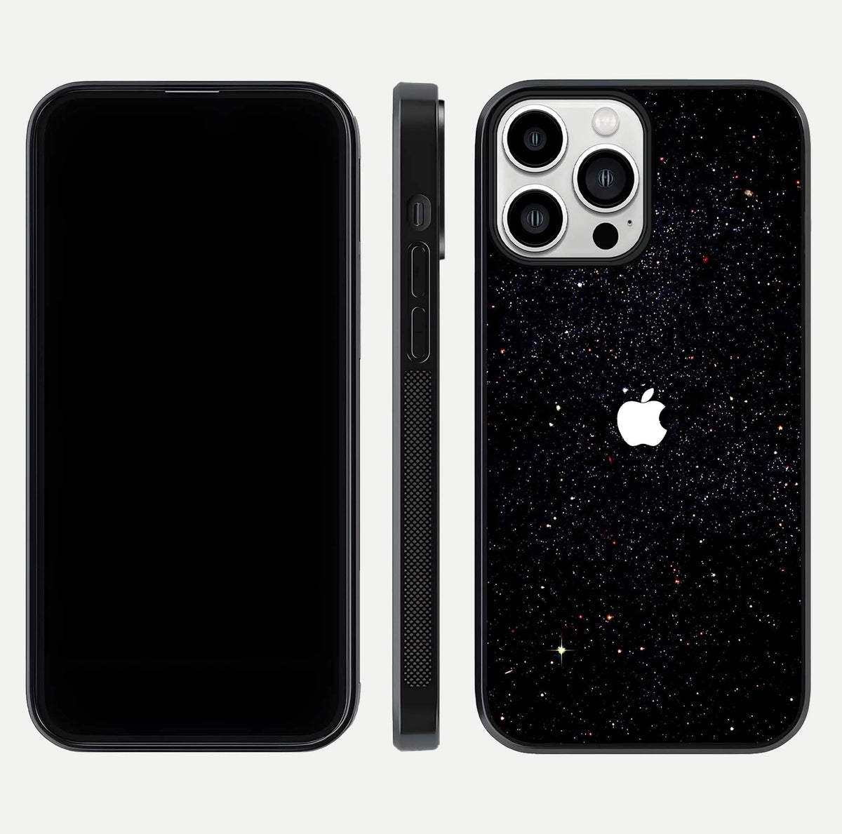 Starry Apple Galaxy Glass Case for iPhone 13 Pro Max front & back layout showing cosmic tones and sleek edge