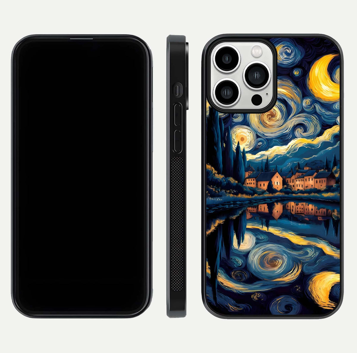 Starry Sky Serenity Glass Case for iPhone 13 Pro Max front & back layout showing stars and curved glass edges