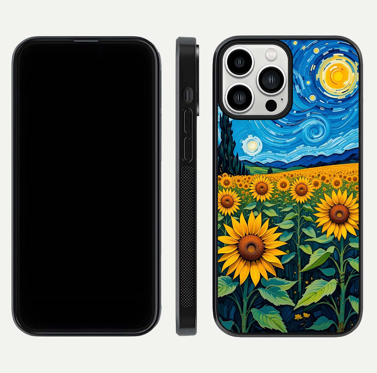 Starry Sunflower Dreams Glass Case for iPhone 13 Pro Max front & back layout showing floral blend and edge detail
