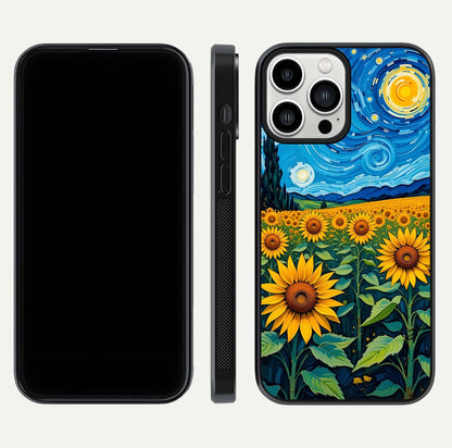 Starry Sunflower Dreams Glass Case for iPhone 13 Pro Max front & back layout showing floral blend and edge detail