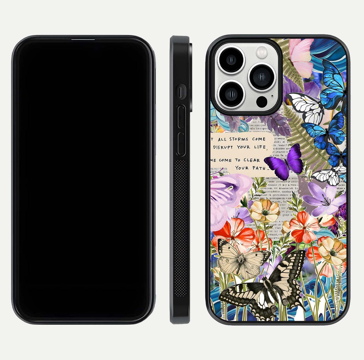 Storm Path Bloom Glass Case for iPhone 13 Pro Max front & back layout showing moody floral blend and edges