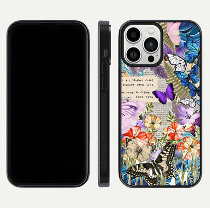 Storm Path Bloom Glass Case for iPhone 13 Pro Max front & back layout showing moody floral blend and edges