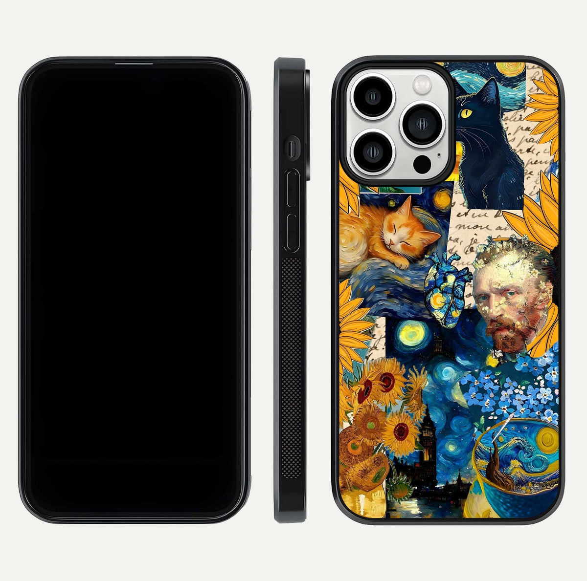 Sunflower Cat Art Glass Case for iPhone 13 Pro Max front & back layout showing detailed floral cat design and edges
