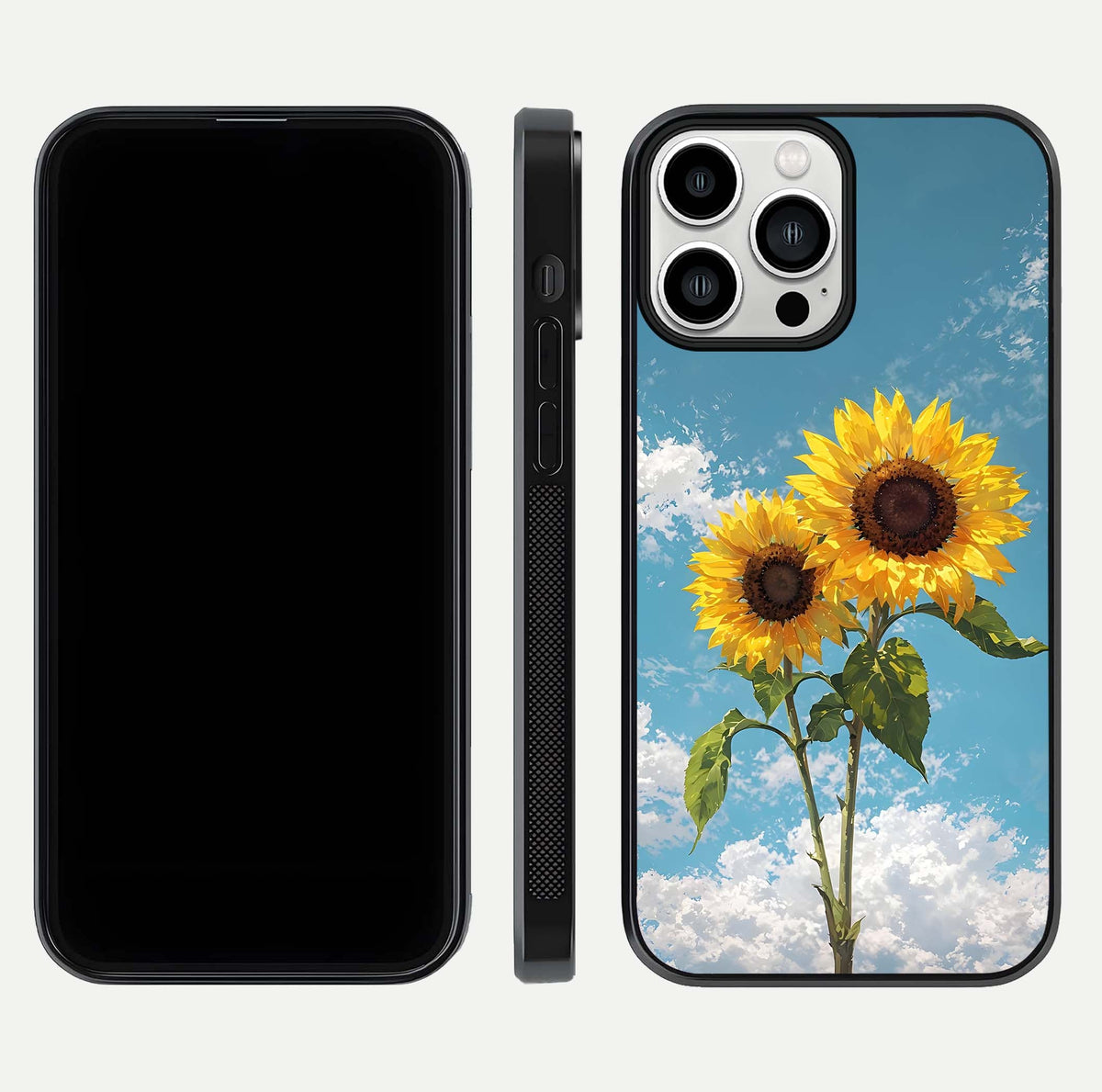 Sunflower Sky Bloom Glass Case for iPhone 13 Pro Max front & back layout showing soft blue tones and flower contrast