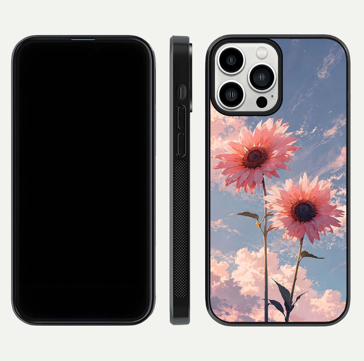 Sunlit Daisy Glow Glass Case for iPhone 13 Pro Max front & back layout showing vibrant sunlight hues and clean edge