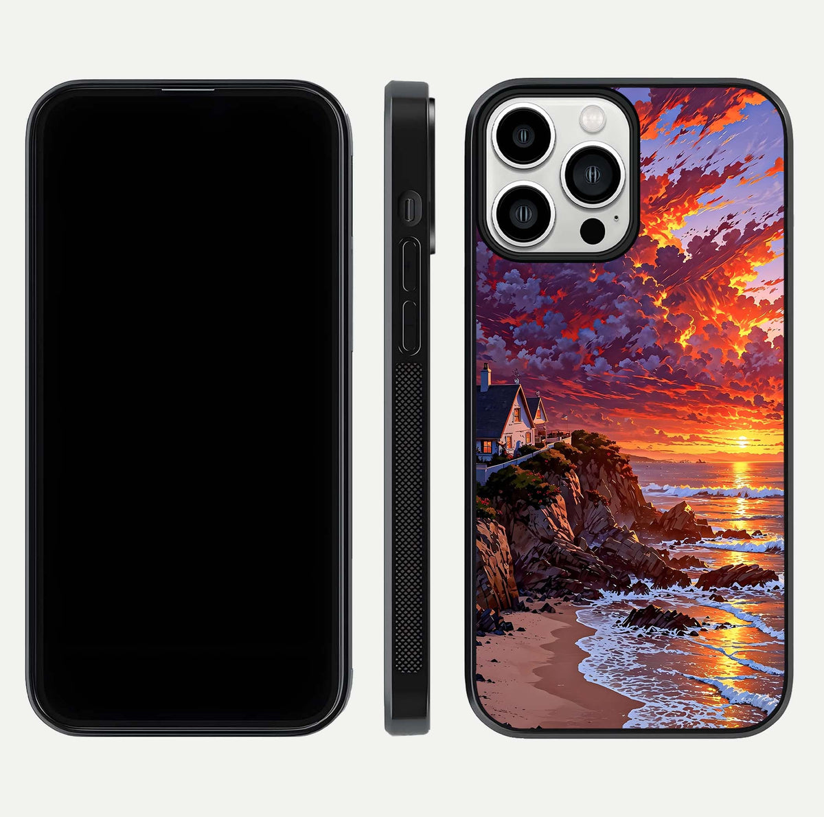 Sunset House by Sea Glass Case for iPhone 13 Pro Max front & back layout showing scenic gradient and curved edge