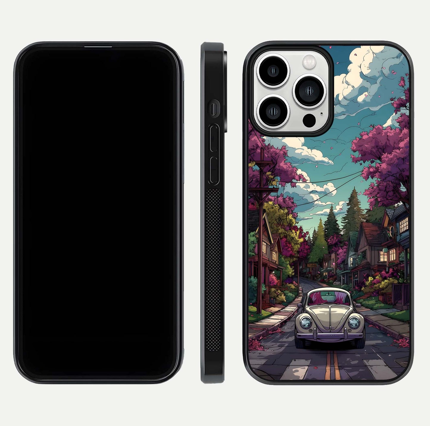 Vintage Street Drive Glass Case for iPhone 13 Pro Max front & back layout showing retro street scene and edges