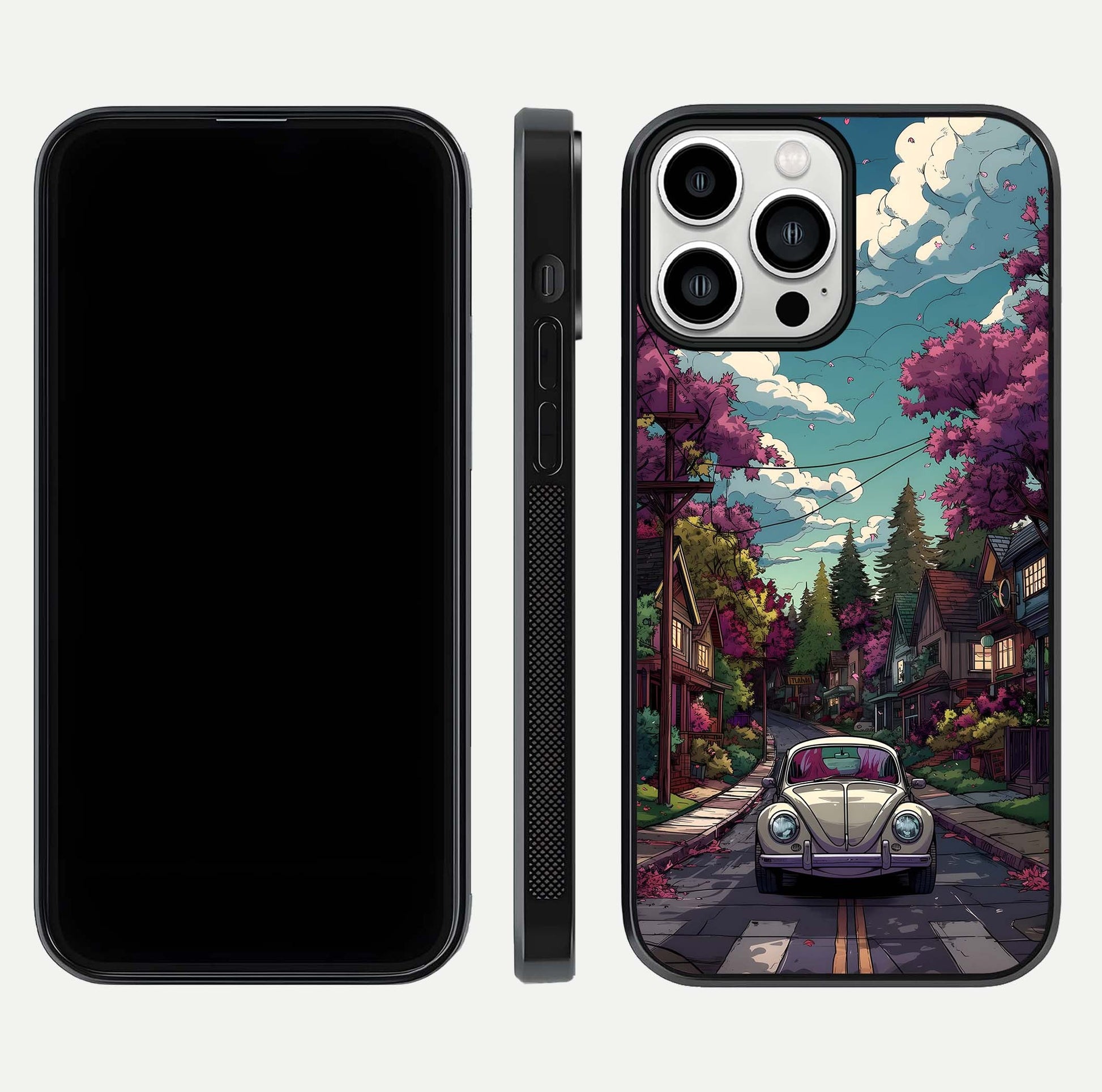 Vintage Street Drive Glass Case for iPhone 13 Pro Max front & back layout showing retro street scene and edges