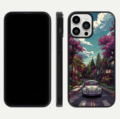 Vintage Street Drive Glass Case for iPhone 13 Pro Max front & back layout showing retro street scene and edges