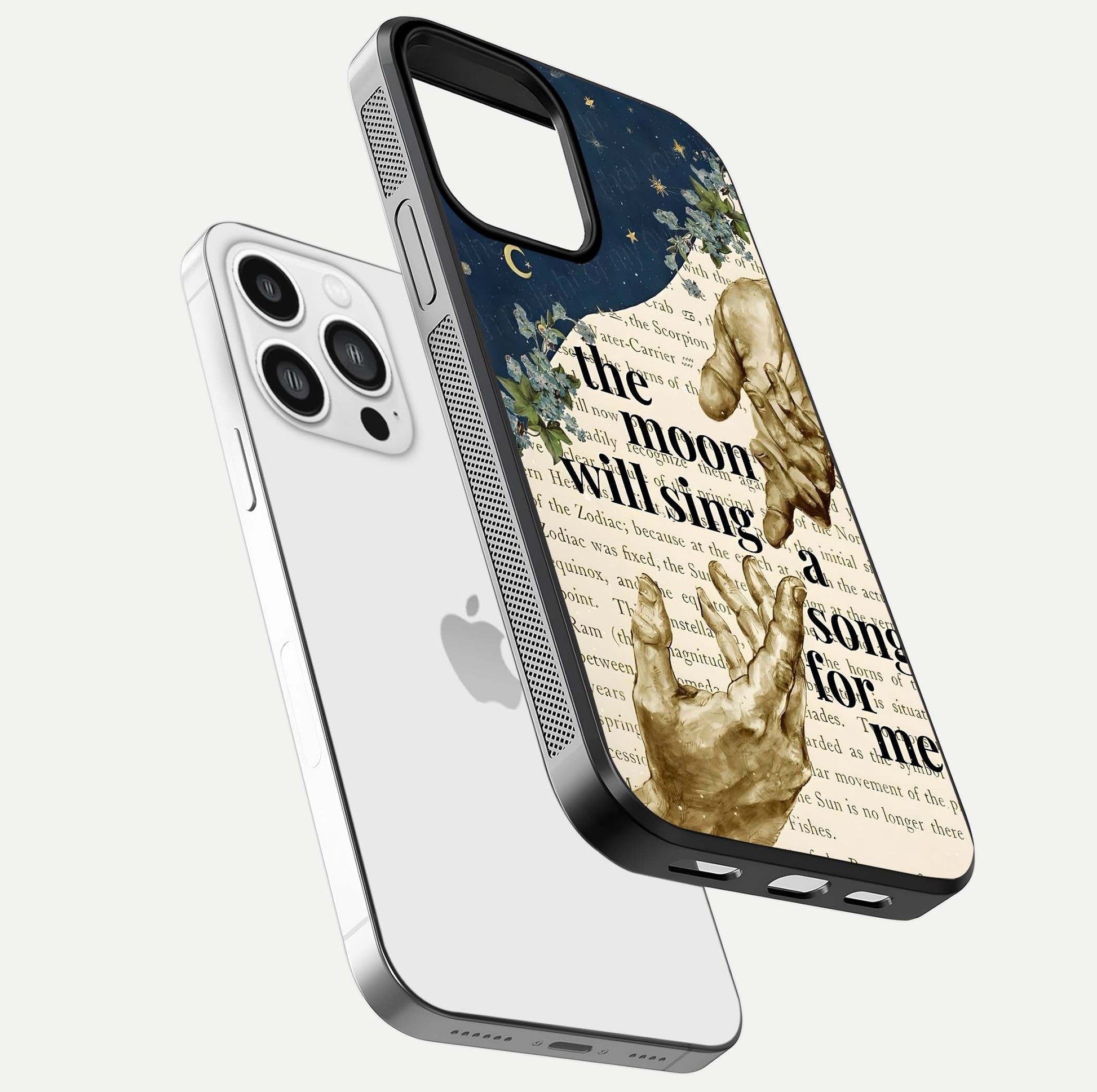 Aesthetic Divine Glass Case for iPhone 13 Pro Max floating dual-view mockup showing edge design and divine art gloss texture