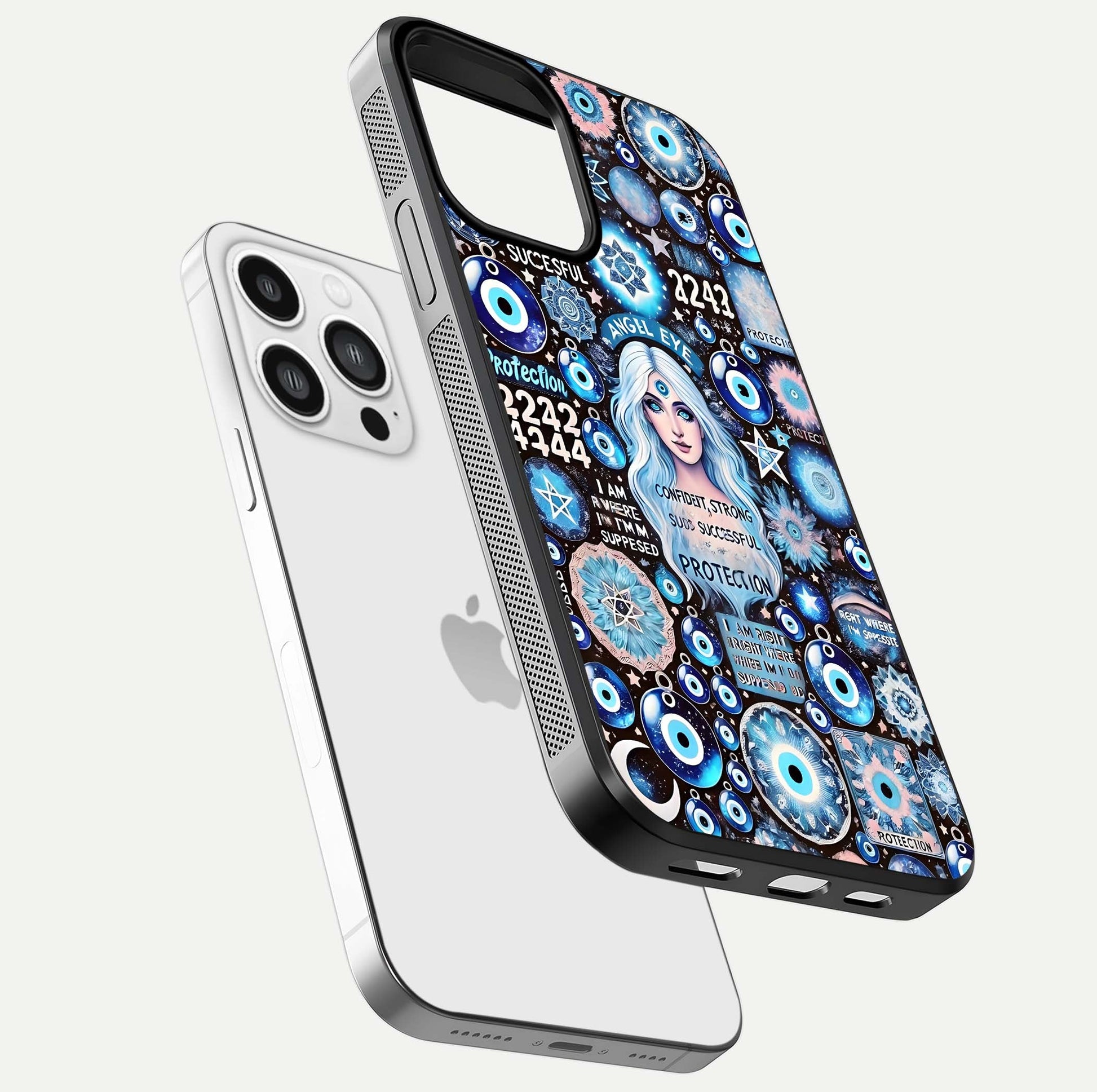 Angel Aura Shield Glass Case for iPhone 13 Pro Max floating angle showing light reflection and protective edge structure