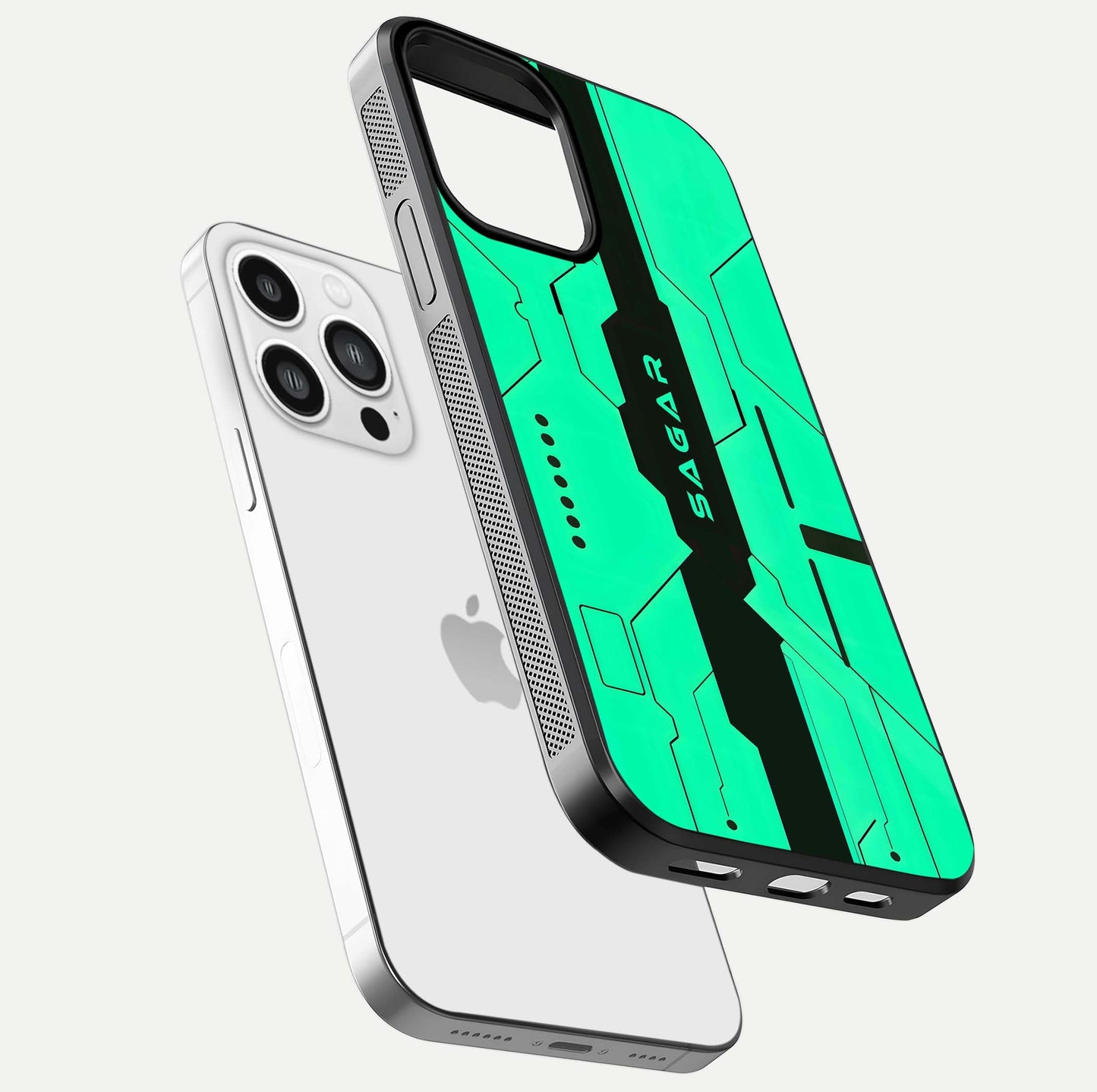 Aqua Tech CYBERPUNK Custom Name Glass Case for iPhone 13 Pro Max floating mockup highlighting name customization area