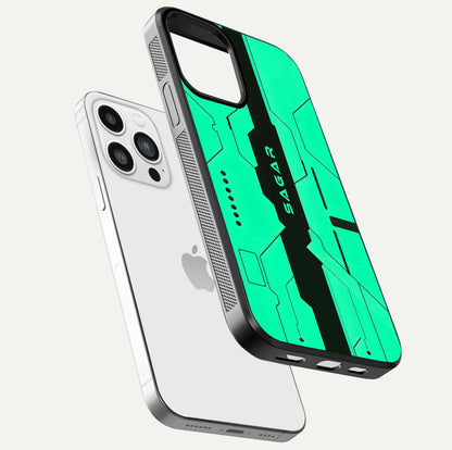 Aqua Tech CYBERPUNK Custom Name Glass Case for iPhone 13 Pro Max floating mockup highlighting name customization area