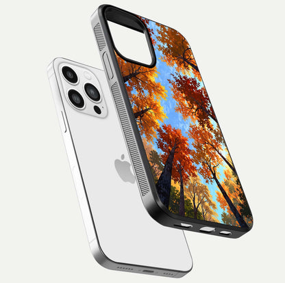 Autumn Sky Rise Glass Case for iPhone 13 Pro Max floating dual-view mockup with sky horizon and glossy highlights