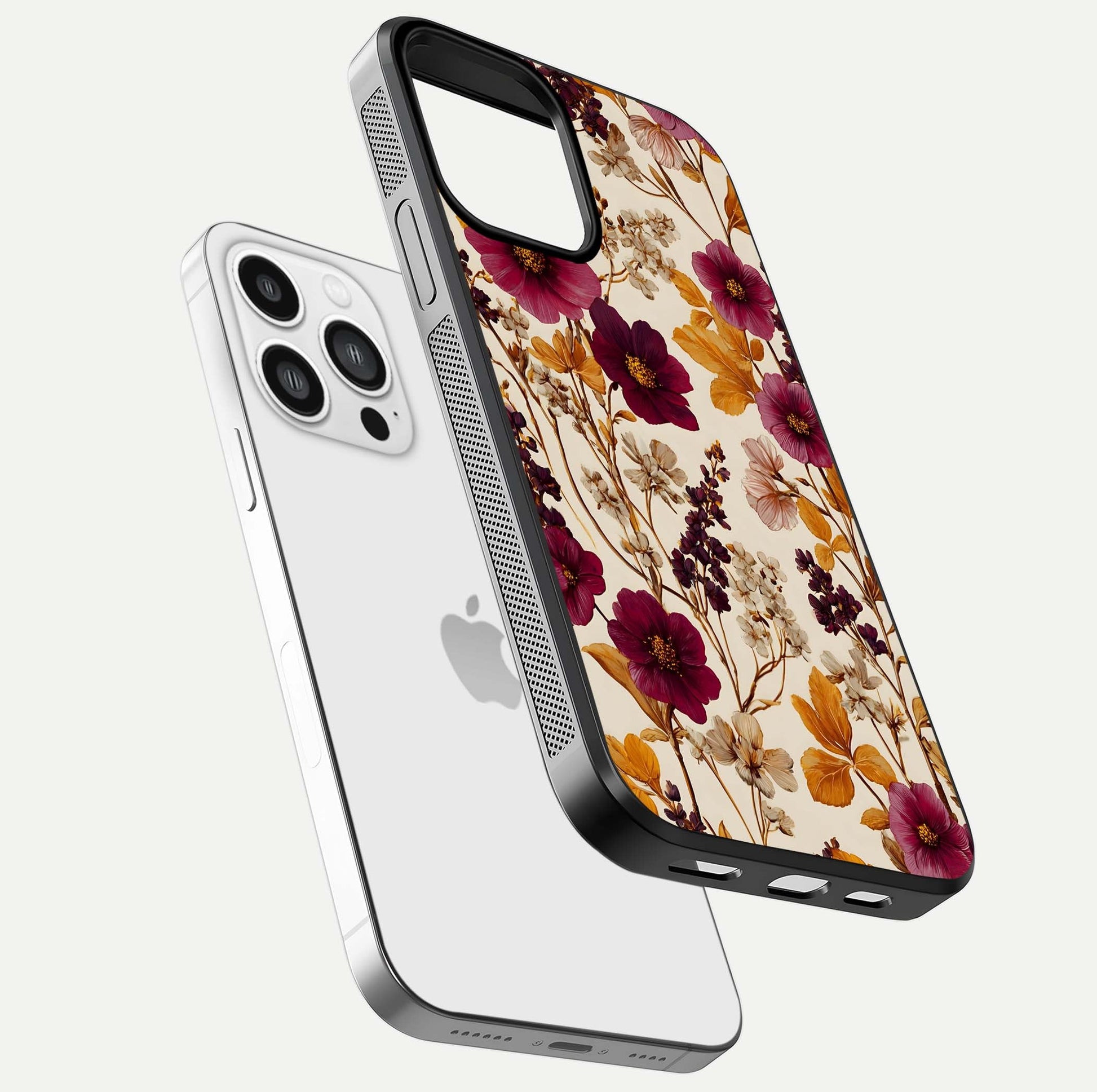 Autumn Wine Bloom Glass Case for iPhone 13 Pro Max floating mockup with premium floral gradient and protection edge