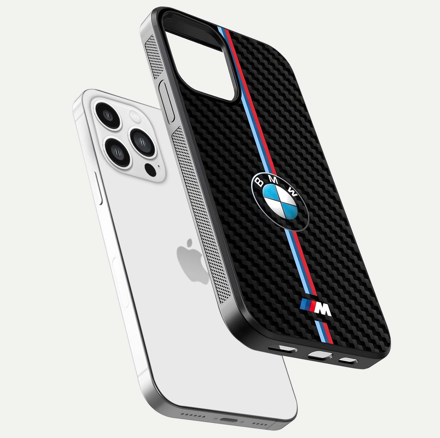 BMW Pattern Glass Case for iPhone 13 Pro Max floating mockup highlighting clean lines and metallic accent reflection