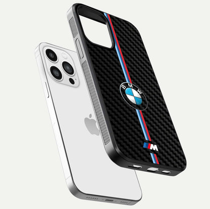 BMW Pattern Glass Case for iPhone 13 Pro Max floating mockup highlighting clean lines and metallic accent reflection
