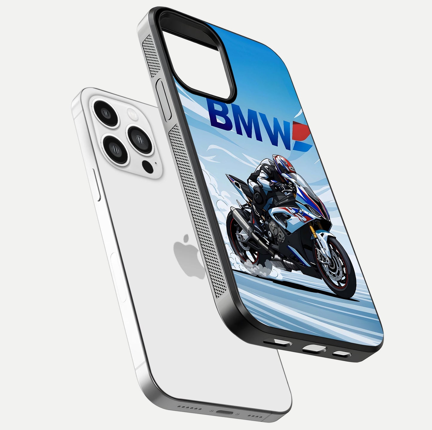BMW Power Drift Glass Case for iPhone 13 Pro Max floating mockup displaying bold drift artwork and glossy polish