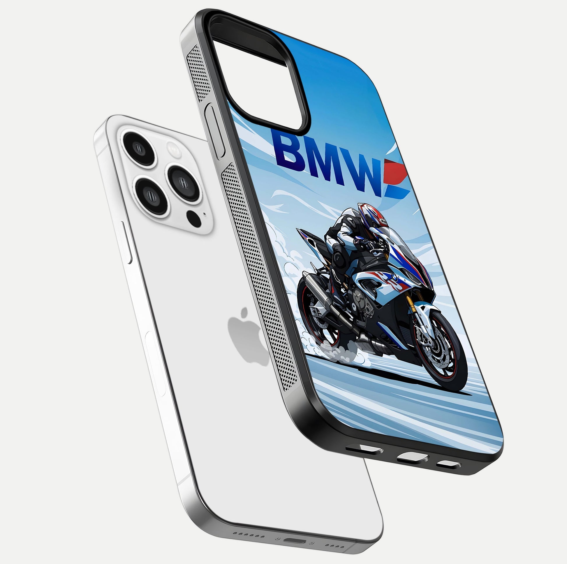 BMW Power Drift Glass Case for iPhone 13 Pro Max floating mockup displaying bold drift artwork and glossy polish