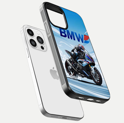 BMW Power Drift Glass Case for iPhone 13 Pro Max floating mockup displaying bold drift artwork and glossy polish
