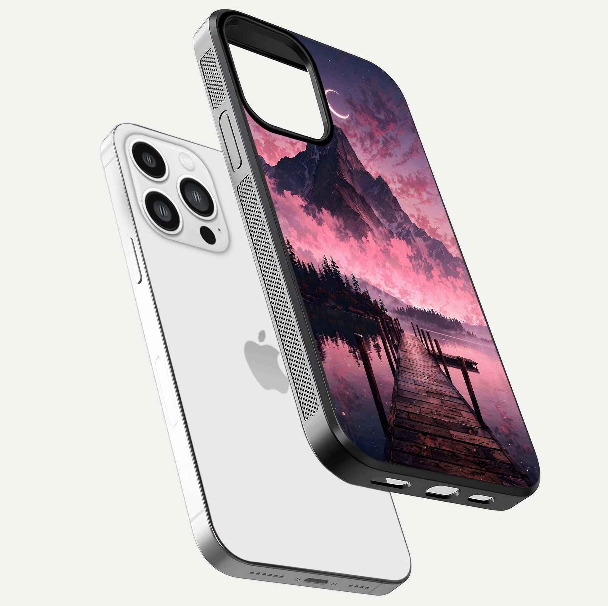 Beautyful Mountain View Glass Case for iPhone 13 Pro Max floating dual mockup showing edges and reflective sky print