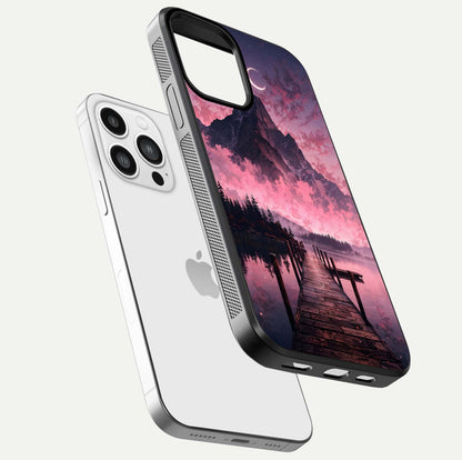 Beautyful Mountain View Glass Case for iPhone 13 Pro Max floating dual mockup showing edges and reflective sky print